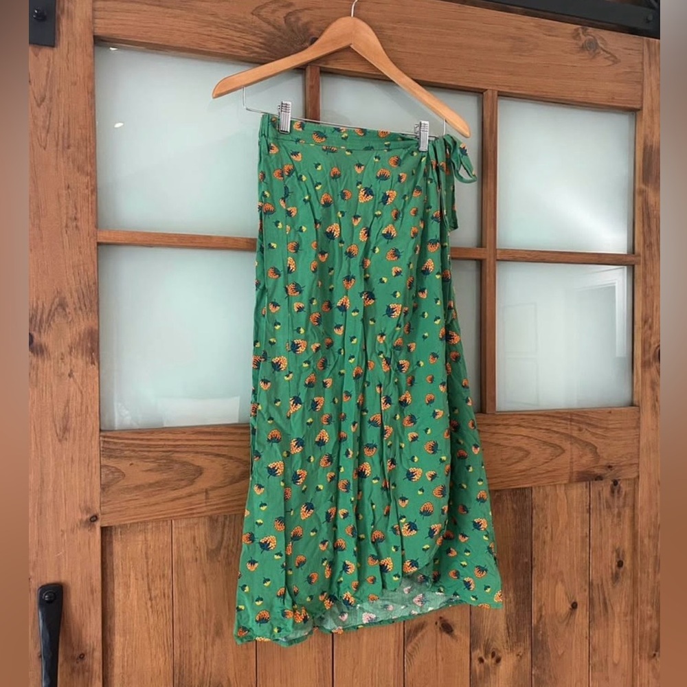 Anthropologie Green Floral Wrap Maxi Skirt with Strawberry Pattern